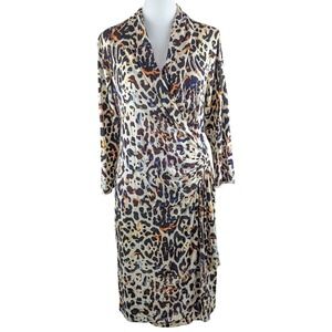 Karen Kane Cascade Animal Print Faux Wrap Dress Large Multicolor Leopard Stretch